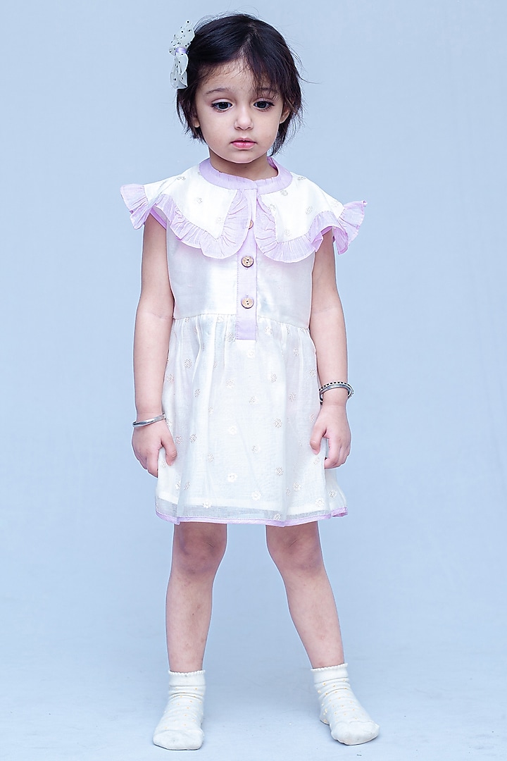 Off-White Silk Embroidered Dress For Girls by SnuggleMe