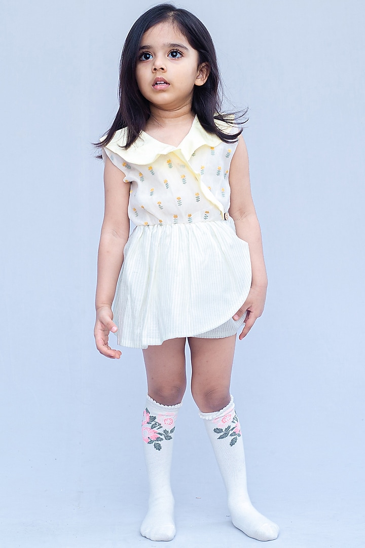 Yellow & Green Printed Mini Dress For Girls by SnuggleMe