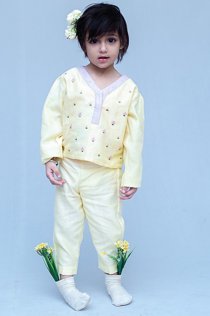 Yellow Cotton Silk Pant Set For Girls by SnuggleMe