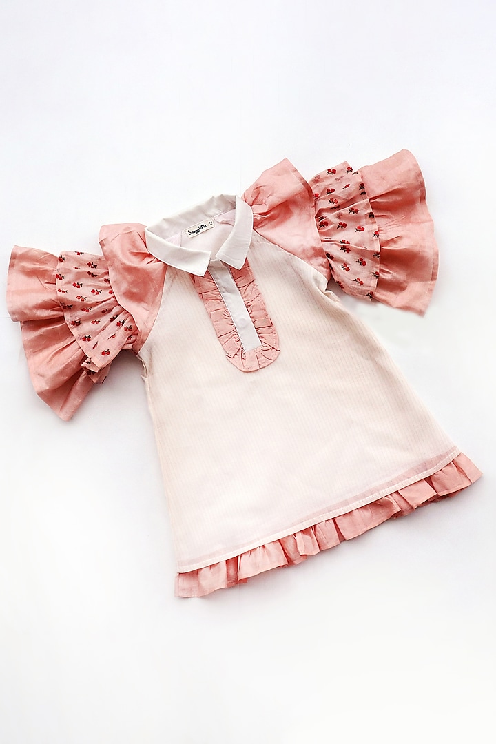 Peach & White Cotton Silk Dress For Girls by SnuggleMe