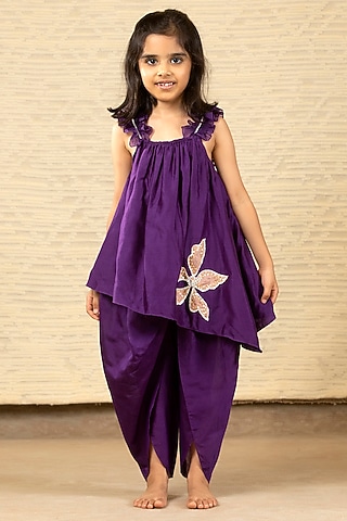 Purple Pure Chanderi Dhoti Set For Girls by SnuggleMe