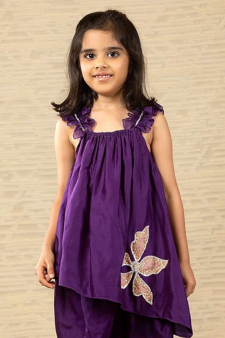 Purple Pure Chanderi Dhoti Set For Girls by SnuggleMe at Pernia's Pop Up Shop