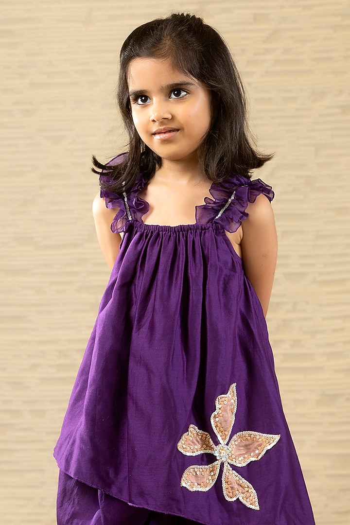 Purple Pure Chanderi Dhoti Set For Girls by SnuggleMe at Pernia's Pop Up Shop