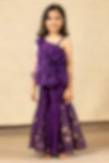 Purple Chanderi & Brocade Flared Pant Set For Girls by SnuggleMe at Pernia's Pop Up Shop