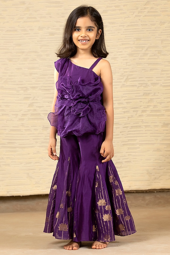 Purple Chanderi & Brocade Flared Pant Set For Girls by SnuggleMe at Pernia's Pop Up Shop