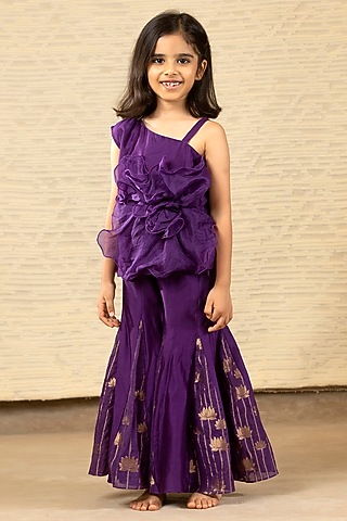 Purple Chanderi & Brocade Flared Pant Set For Girls by SnuggleMe