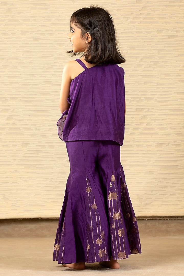 Purple Chanderi & Brocade Flared Pant Set For Girls by SnuggleMe at Pernia's Pop Up Shop