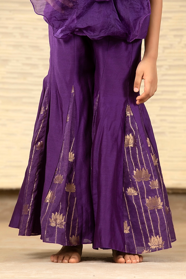 Purple Chanderi & Brocade Flared Pant Set For Girls by SnuggleMe at Pernia's Pop Up Shop