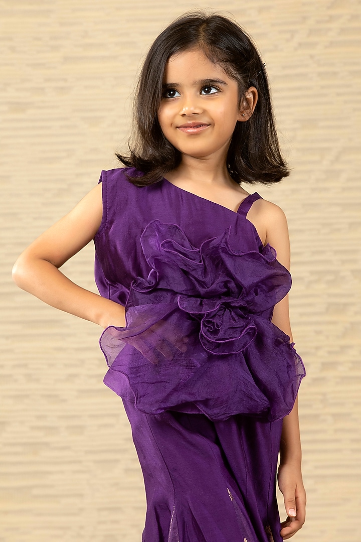 Purple Chanderi & Brocade Flared Pant Set For Girls by SnuggleMe at Pernia's Pop Up Shop