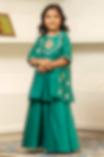 Green Chanderi Flared Skirt Set For Girls by SnuggleMe at Pernia's Pop Up Shop