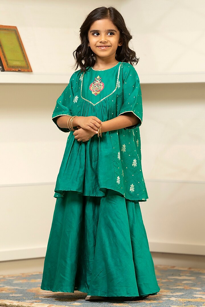 Green Chanderi Flared Skirt Set For Girls by SnuggleMe at Pernia's Pop Up Shop