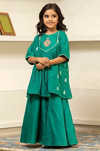 Green Chanderi Flared Skirt Set For Girls by SnuggleMe