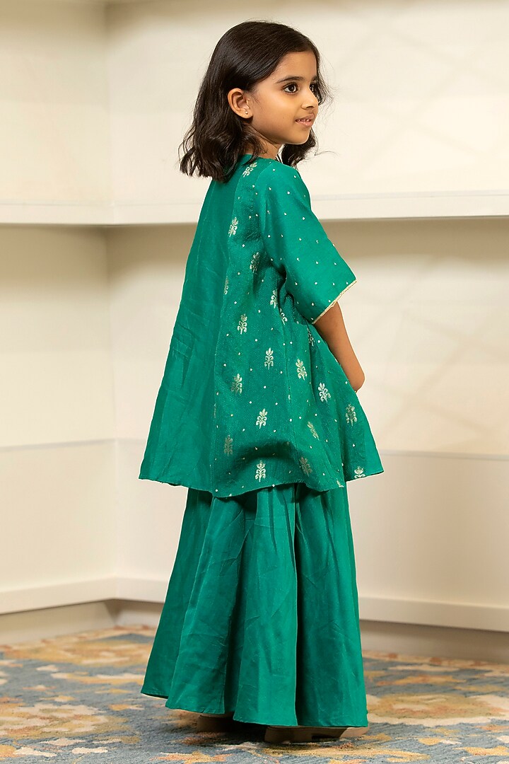 Green Chanderi Flared Skirt Set For Girls by SnuggleMe at Pernia's Pop Up Shop