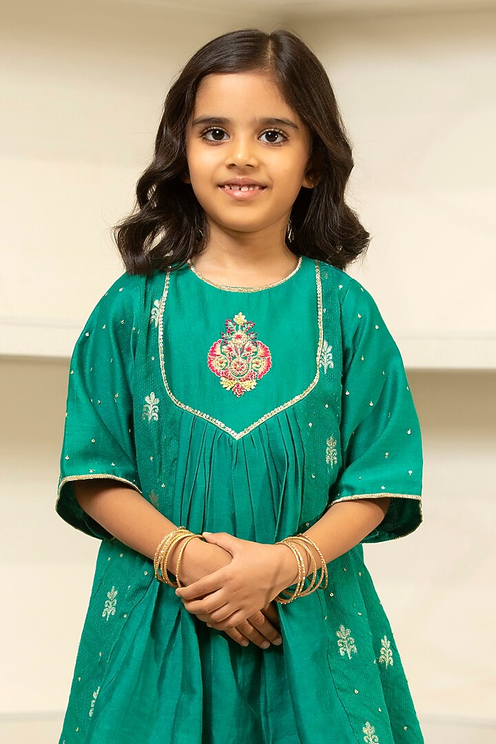 Green Chanderi Flared Skirt Set For Girls by SnuggleMe at Pernia's Pop Up Shop