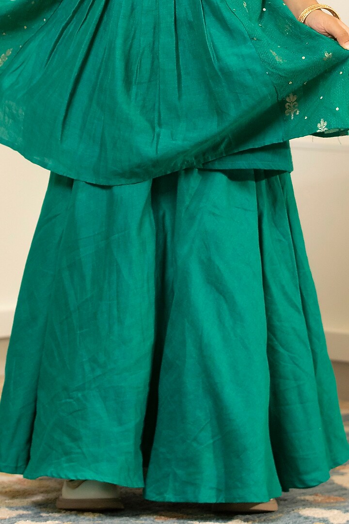 Green Chanderi Flared Skirt Set For Girls by SnuggleMe at Pernia's Pop Up Shop