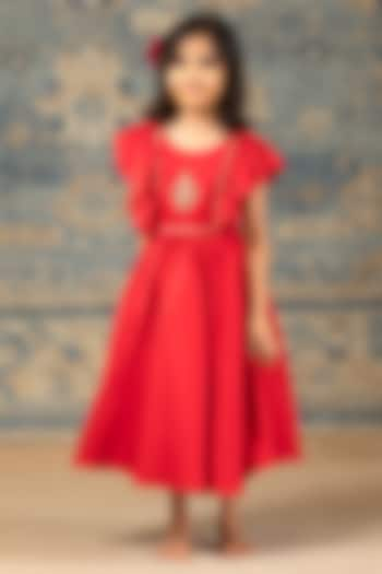 Red Glaze Cotton Hand Embroidered Gown For Girls by SnuggleMe at Pernia's Pop Up Shop