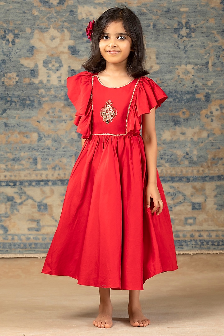 Red Glaze Cotton Hand Embroidered Gown For Girls by SnuggleMe at Pernia's Pop Up Shop