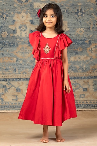 Red Glaze Cotton Hand Embroidered Gown For Girls by SnuggleMe