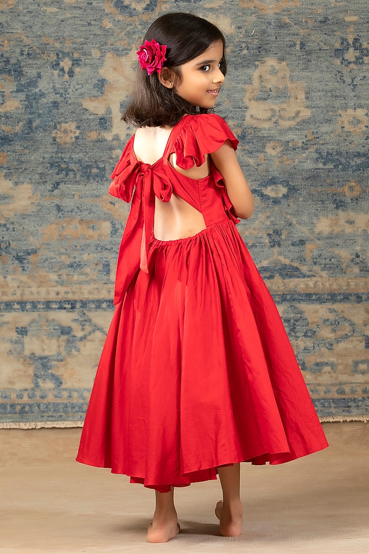 Red Glaze Cotton Hand Embroidered Gown For Girls by SnuggleMe at Pernia's Pop Up Shop