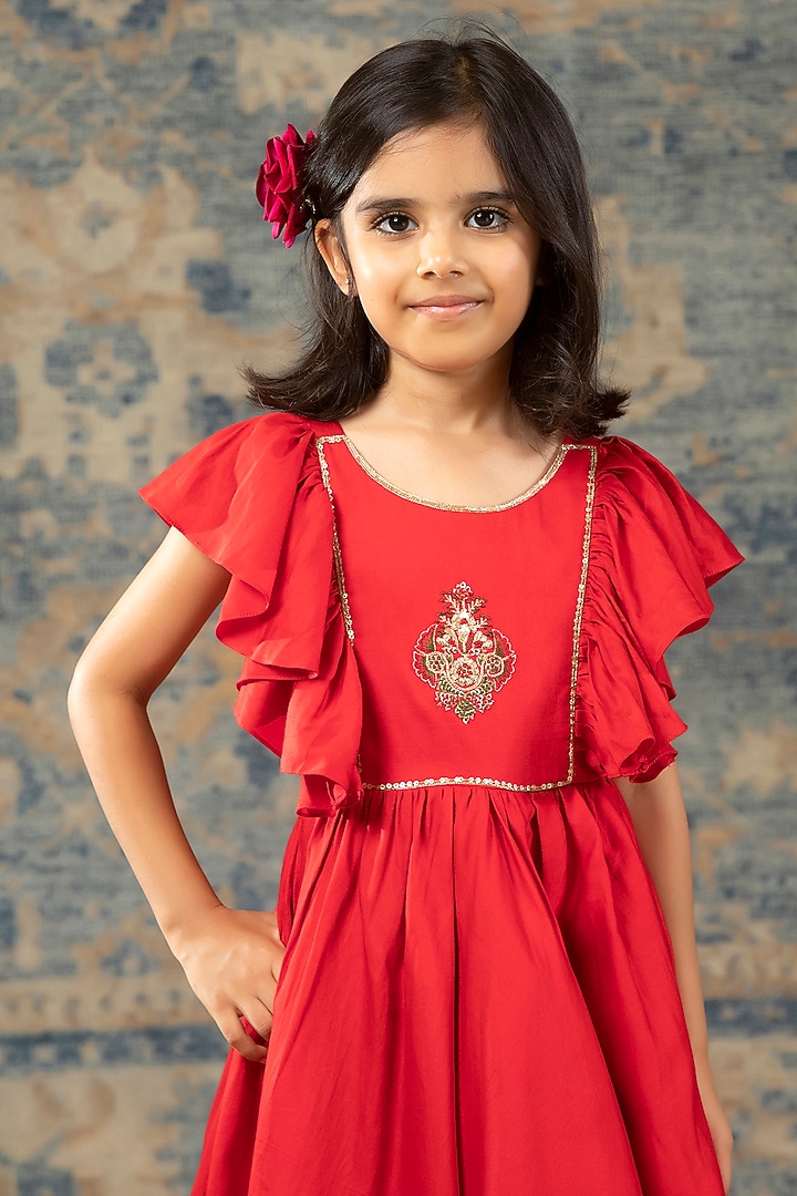 Red Glaze Cotton Hand Embroidered Gown For Girls by SnuggleMe at Pernia's Pop Up Shop
