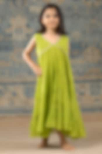 Green Chanderi Hand Embroidered Dress For Girls by SnuggleMe at Pernia's Pop Up Shop