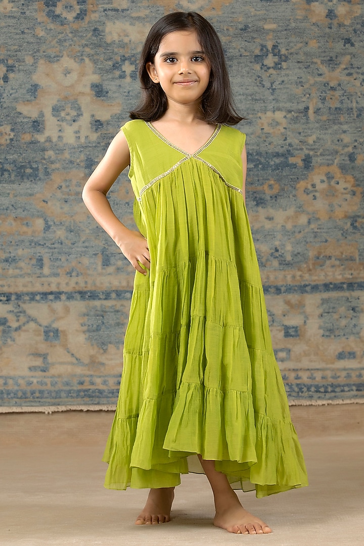 Green Chanderi Hand Embroidered Dress For Girls by SnuggleMe at Pernia's Pop Up Shop