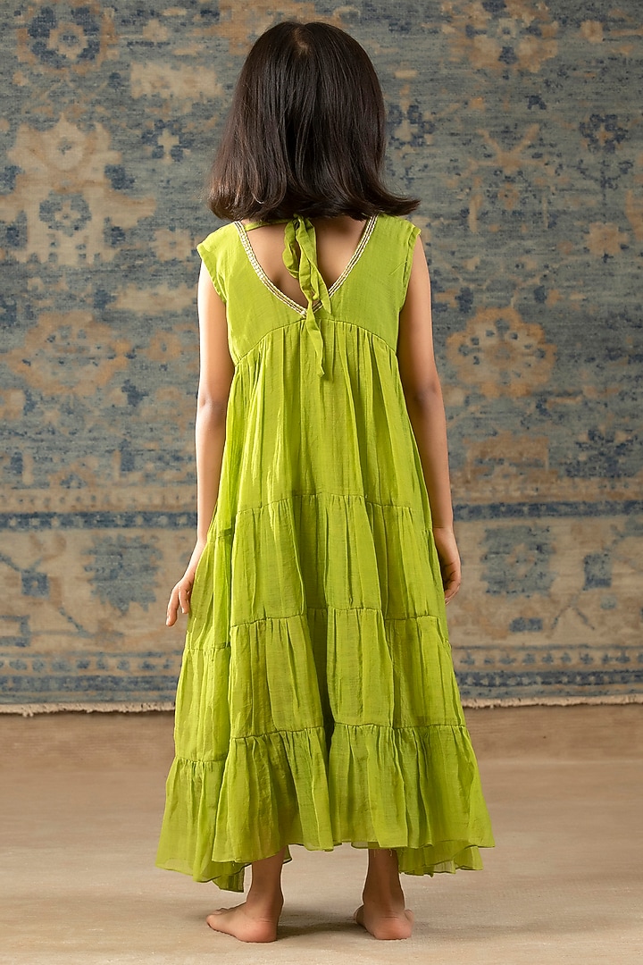 Green Chanderi Hand Embroidered Dress For Girls by SnuggleMe at Pernia's Pop Up Shop