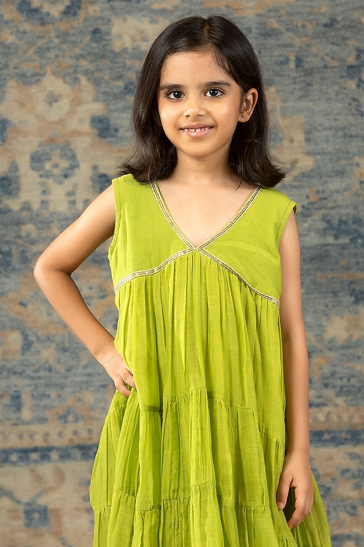 Green Chanderi Hand Embroidered Dress For Girls by SnuggleMe at Pernia's Pop Up Shop