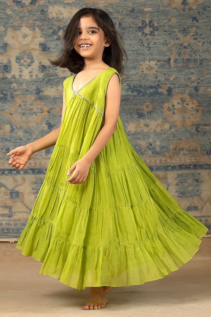 Green Chanderi Hand Embroidered Dress For Girls by SnuggleMe at Pernia's Pop Up Shop