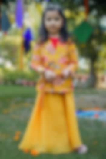 Yellow Chanderi Printed Jacket Set For Girls by SnuggleMe at Pernia's Pop Up Shop