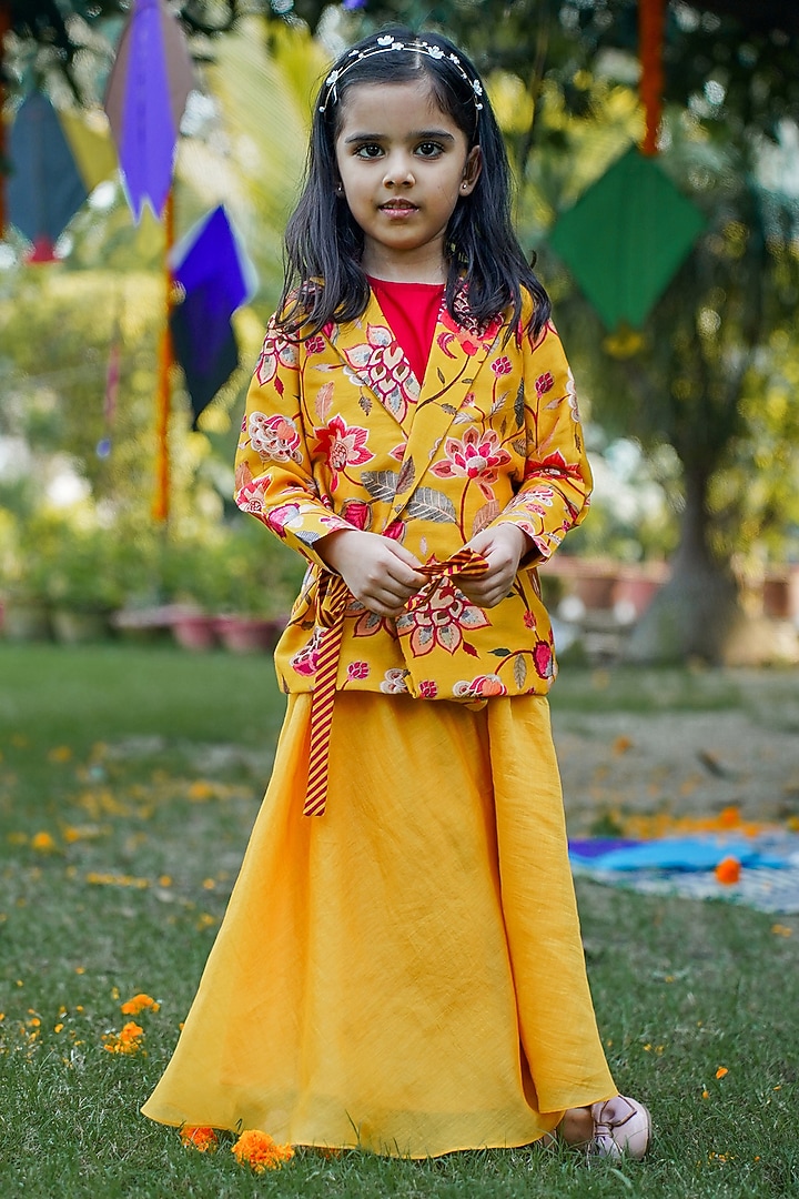 Yellow Chanderi Printed Jacket Set For Girls by SnuggleMe at Pernia's Pop Up Shop