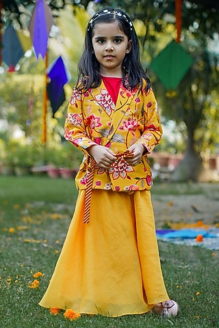 Yellow Chanderi Printed Jacket Set For Girls by SnuggleMe