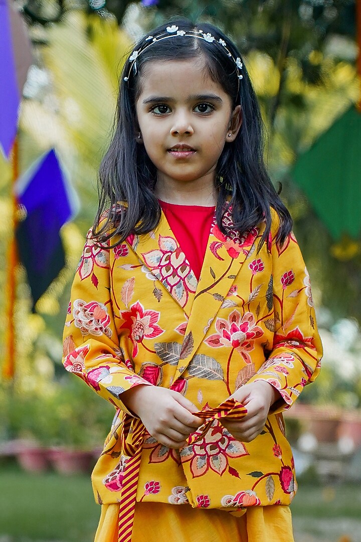 Yellow Chanderi Printed Jacket Set For Girls by SnuggleMe at Pernia's Pop Up Shop