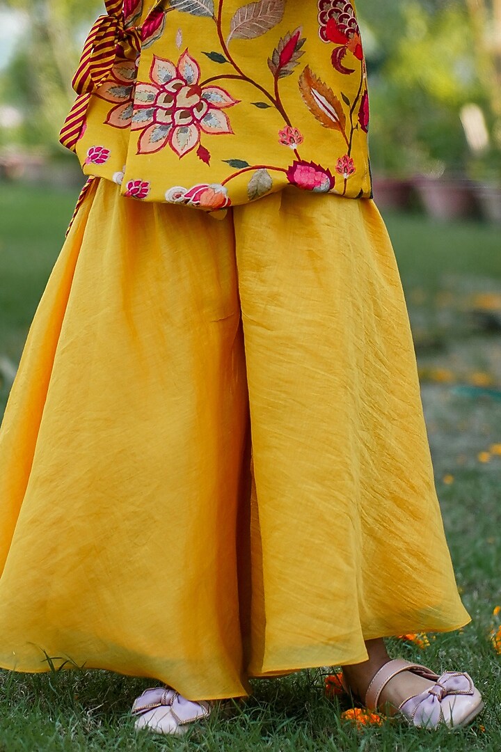 Yellow Chanderi Printed Jacket Set For Girls by SnuggleMe at Pernia's Pop Up Shop