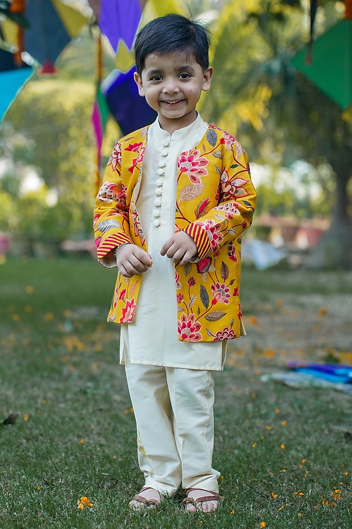 Yellow Chanderi Printed Jacket Set For Boys by SnuggleMe