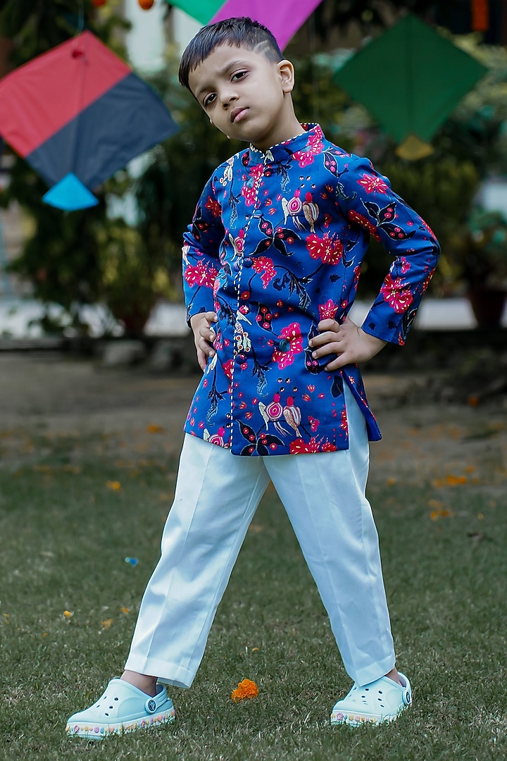 Blue Satin Silk Printed Sherwani Set For Boys by SnuggleMe