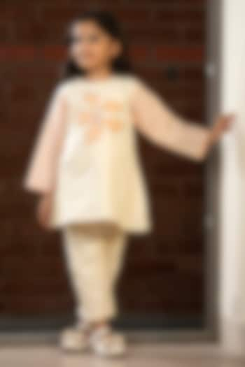 Beige Cotton Embroidered Kurta Set For Girls by SnuggleMe at Pernia's Pop Up Shop