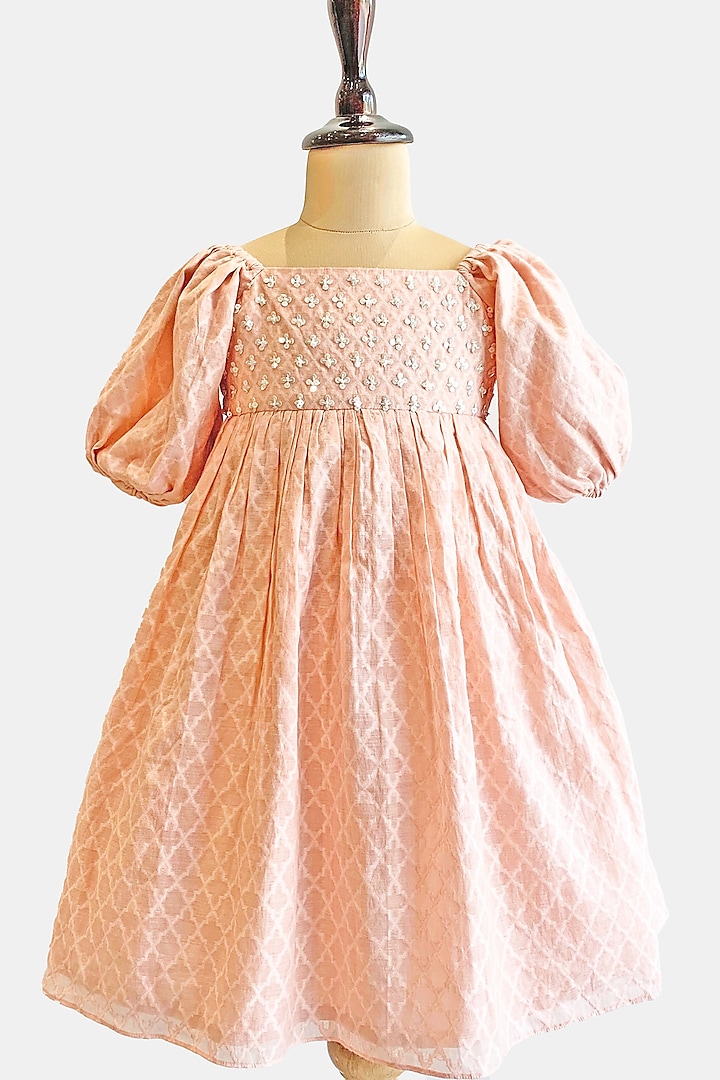 Peach Cotton Hand Embroidered Gown For Girls by SnuggleMe at Pernia's Pop Up Shop