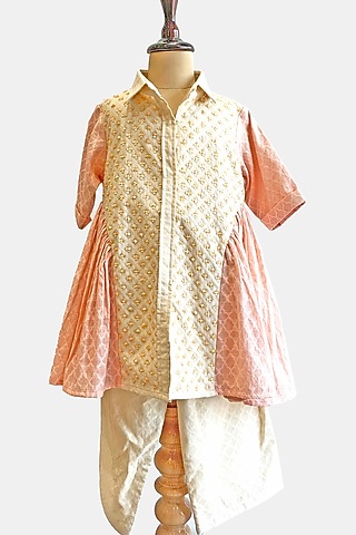 Peach & Beige Cotton Embroidered Kurta Set For Girls by SnuggleMe