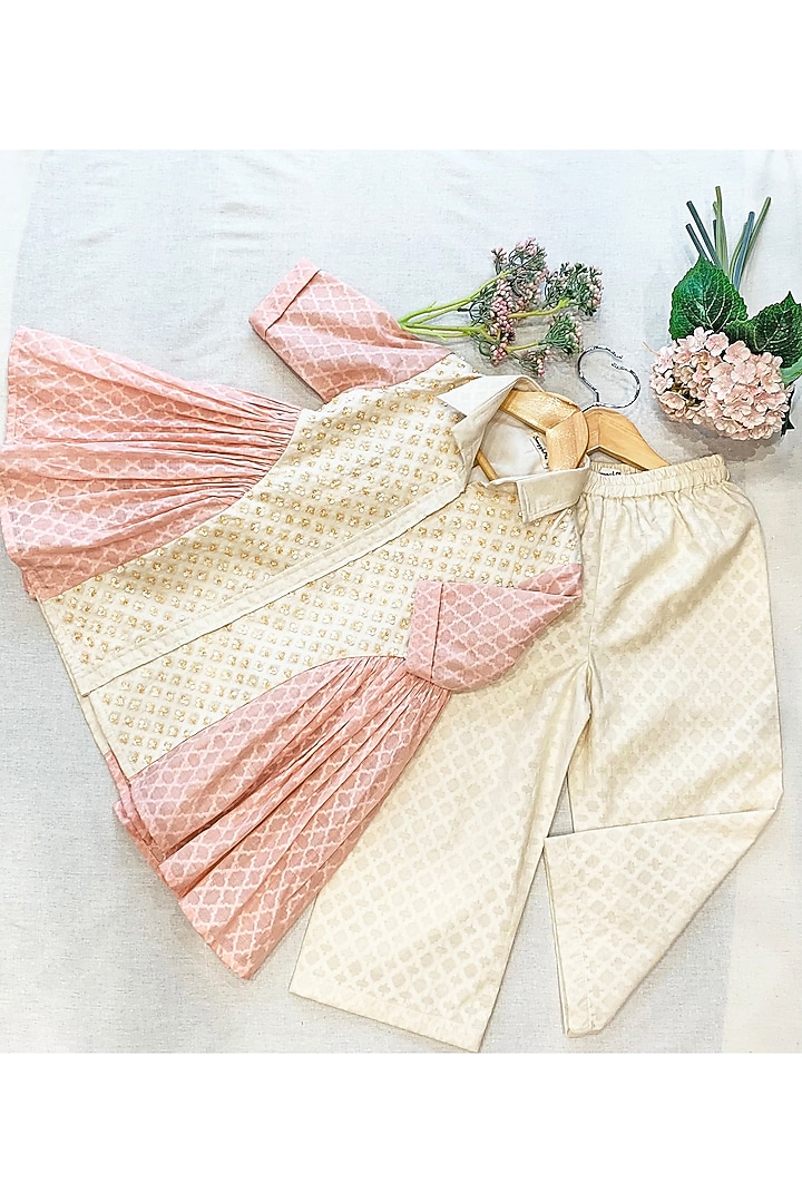 Peach & Beige Cotton Embroidered Kurta Set For Girls by SnuggleMe at Pernia's Pop Up Shop