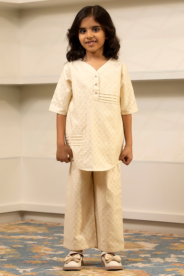 Beige Cotton Kurta Set For Girls by SnuggleMe at Pernia's Pop Up Shop