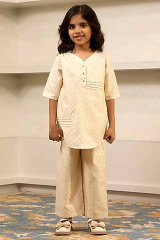 Beige Cotton Kurta Set For Girls by SnuggleMe