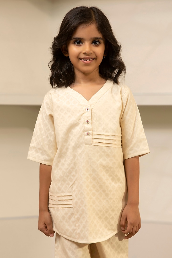 Beige Cotton Kurta Set For Girls by SnuggleMe at Pernia's Pop Up Shop