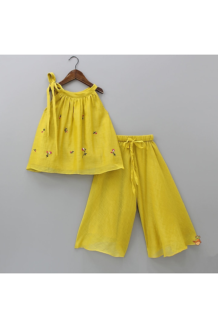 Yellow Chanderi Palazzo Pant Set For Girls by SnuggleMe at Pernia's Pop Up Shop