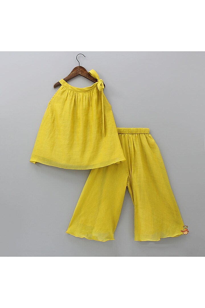 Yellow Chanderi Palazzo Pant Set For Girls by SnuggleMe at Pernia's Pop Up Shop