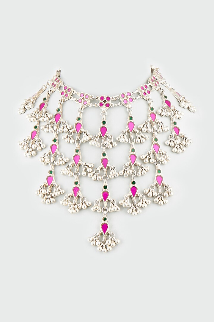 White Finish Necklace With Glass-Cut Kundan by Shringaaar