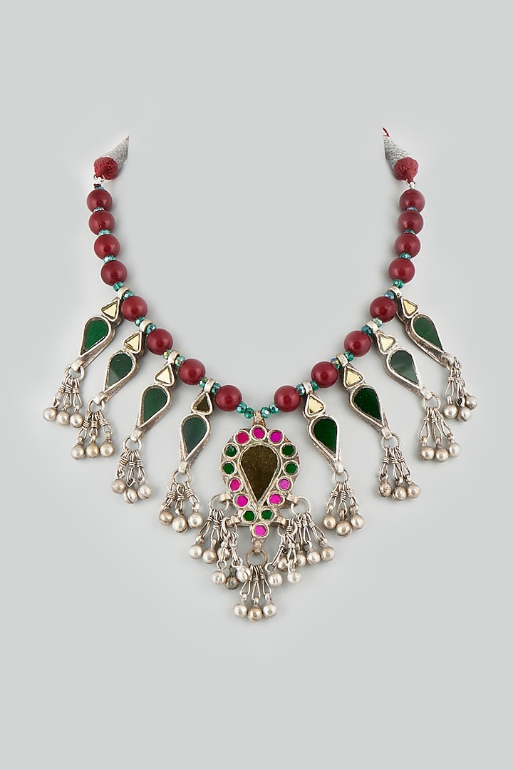 Green Necklace With Glass Kundan by Shringaaar
