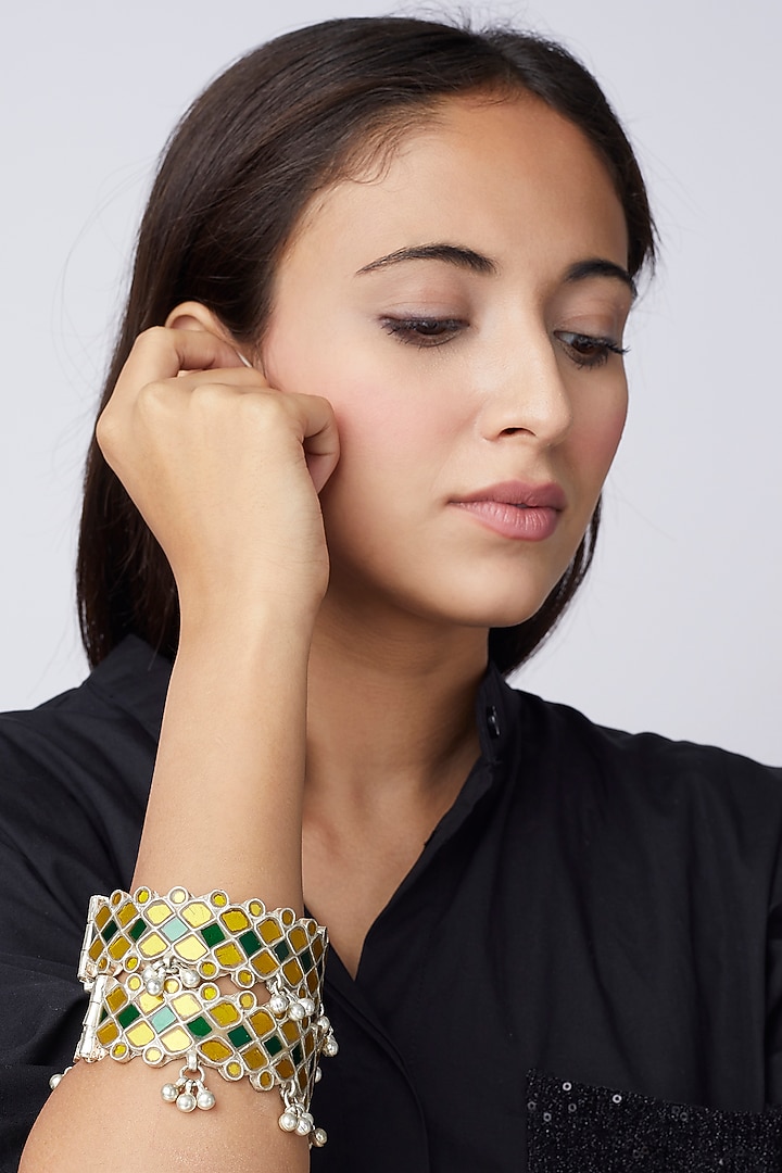 White Finish Bangles With Synthetic Stones (Set of 2) by Shringaaar at Pernia's Pop Up Shop