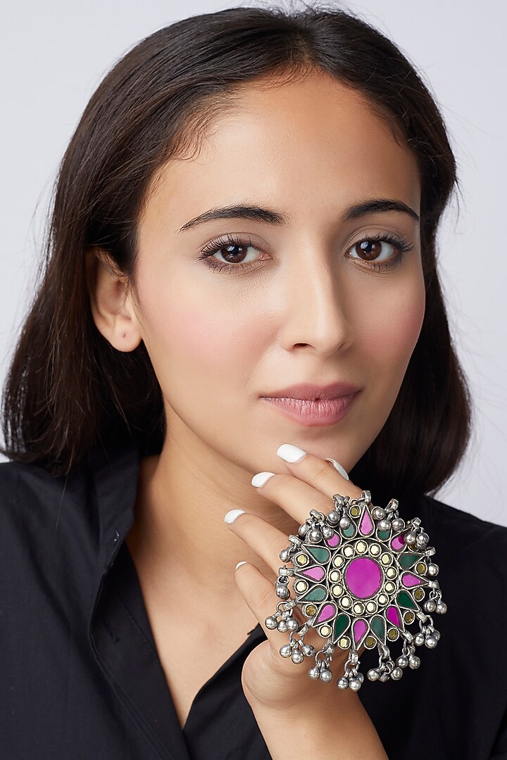 Antique Finish Alloy Ring With Glass-Cut Kundan by Shringaaar at Pernia's Pop Up Shop