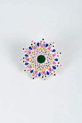 White Finish Ring With Glass Kundan by Shringaaar